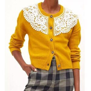 Maeve by Anthropologie Lace Collar Flower Button Cardigan Sweater M Sunny Yellow